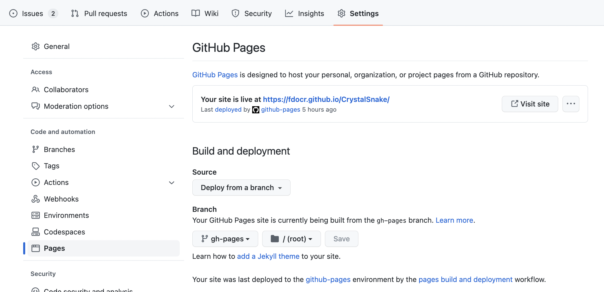 GitHub repo pages configuration